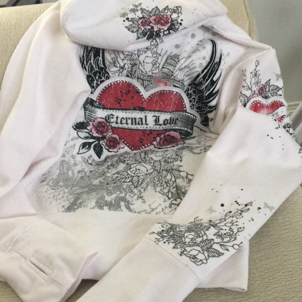 Hooded embellished sweat shirt with lined hood - size small- good condition